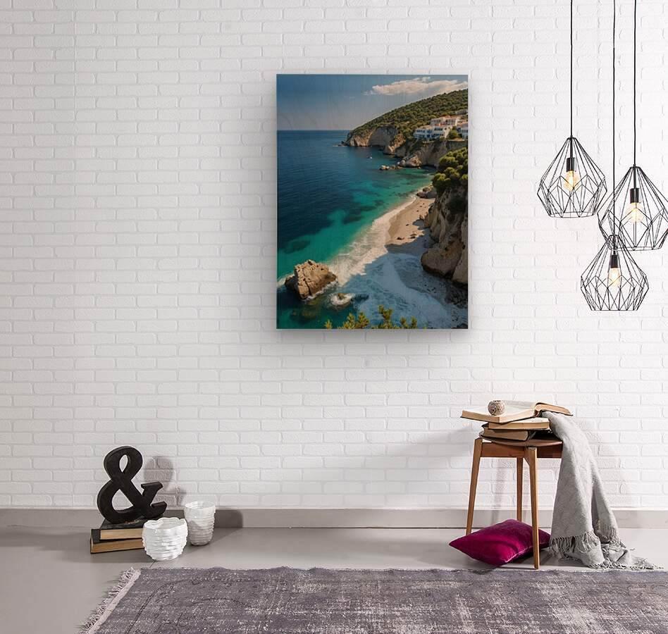 Wall-hanging canvas print showing turquoise bay, beach sand, and cliffside houses