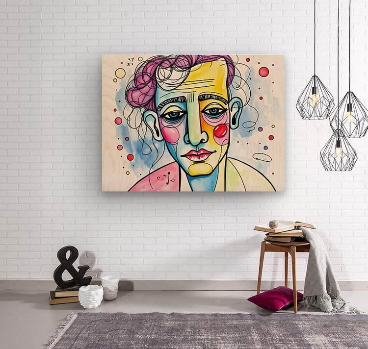 Framed abstract face portrait print with curly purple hair and vivid facial color accents