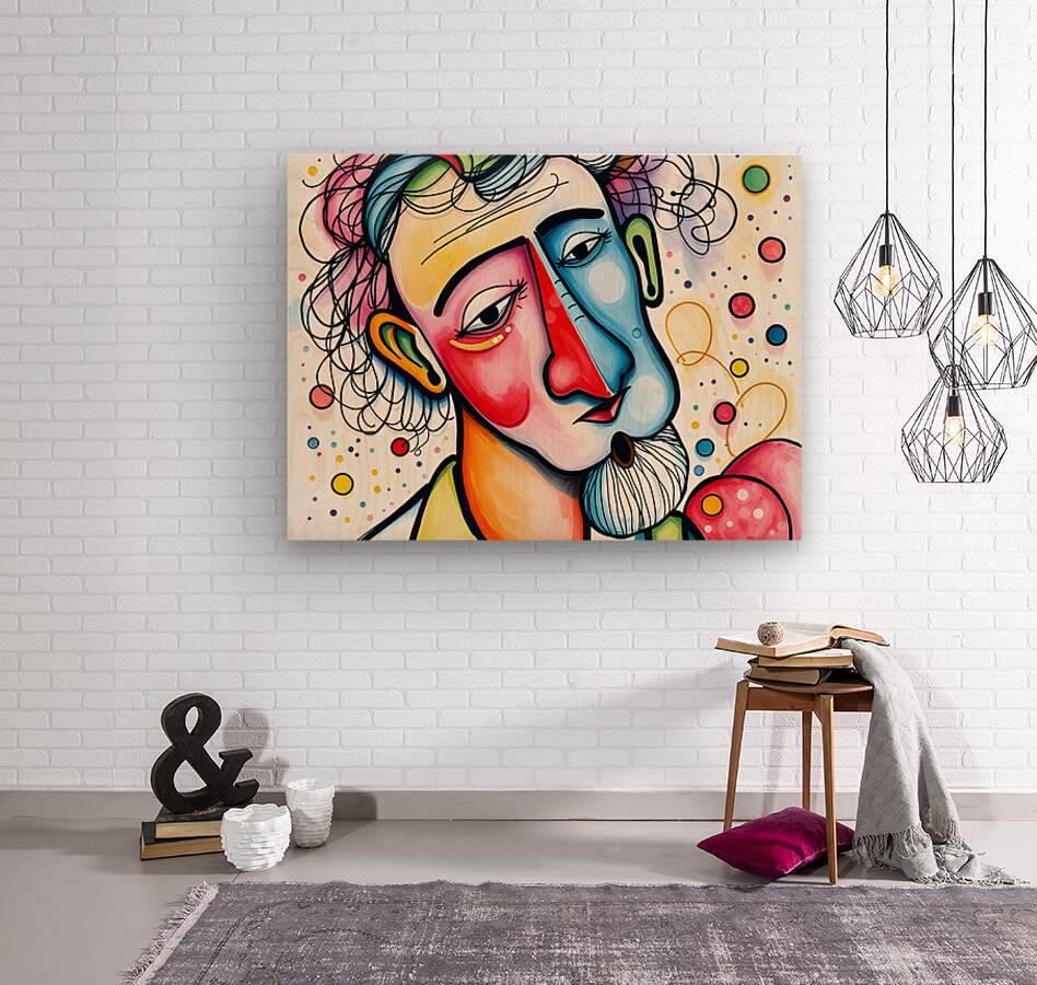 Abstract portrait print of two faces with curly line hair, red and blue accents