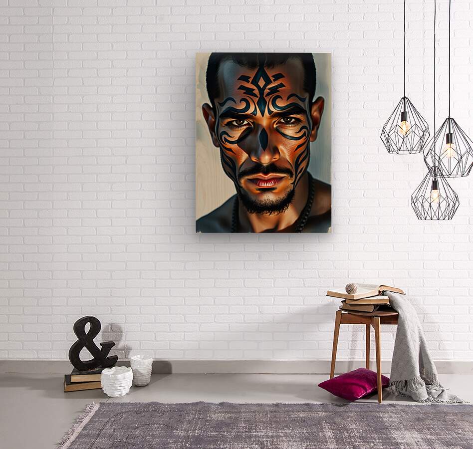 Tribal face portrait artwork of a man with blue and orange face paint patterns
