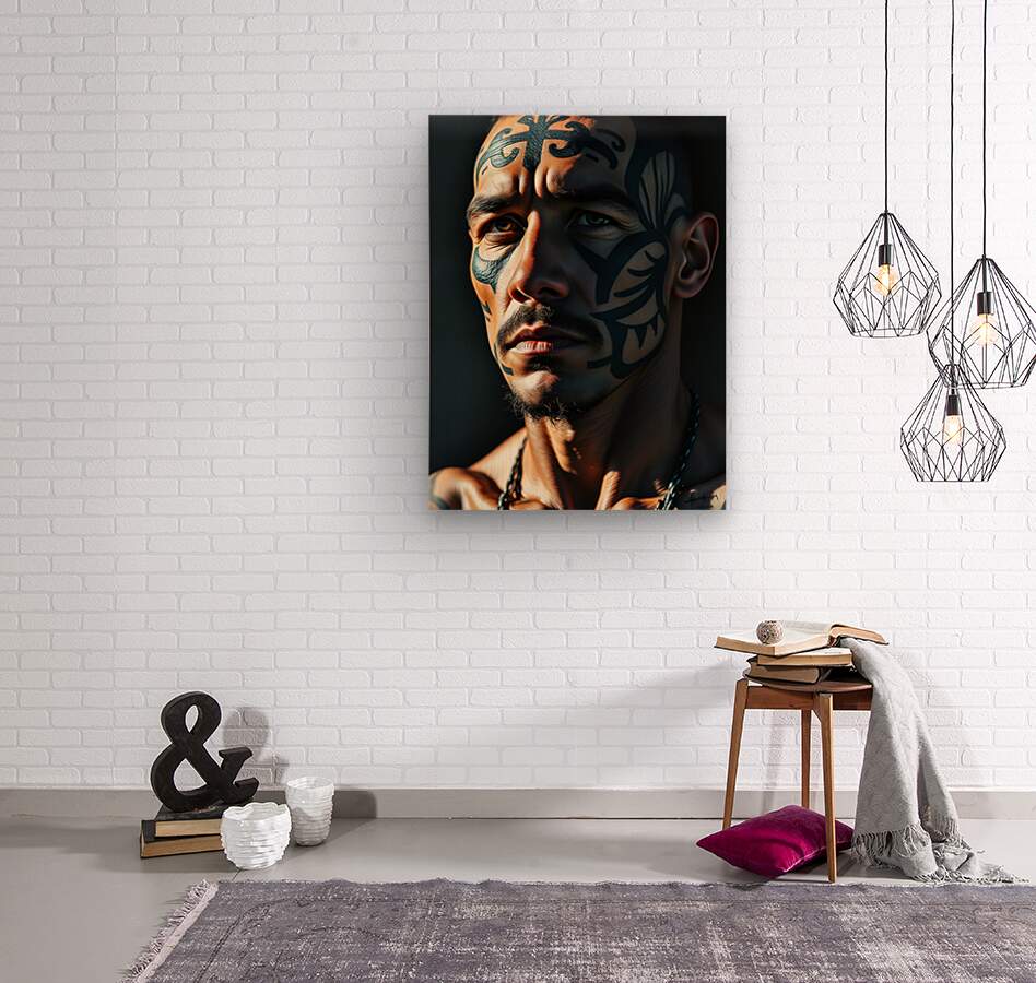 Portrait artwork print of a man with tribal markings in blue, black, and tan