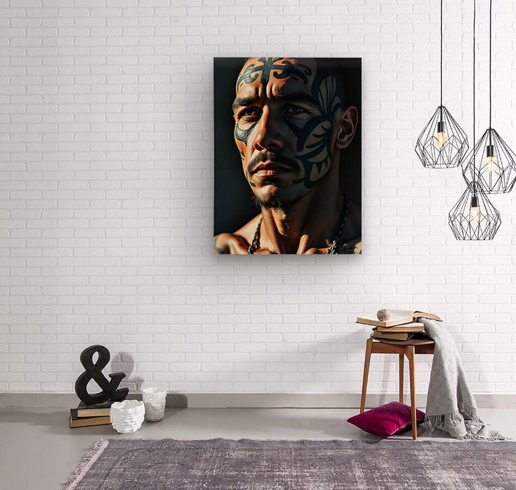 Portrait artwork print of a man with tribal markings in blue, black, and tan
