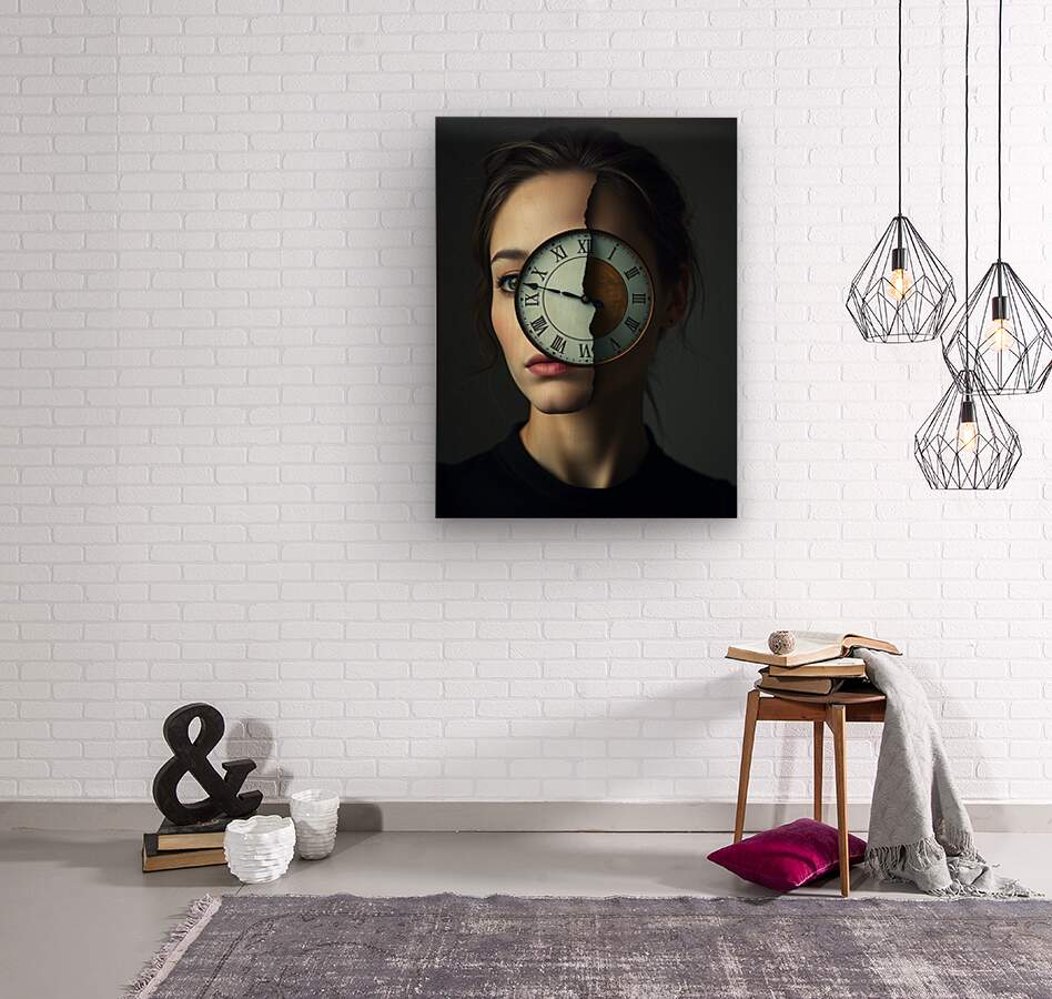 Framed surreal portrait print of a woman with a clock over her face