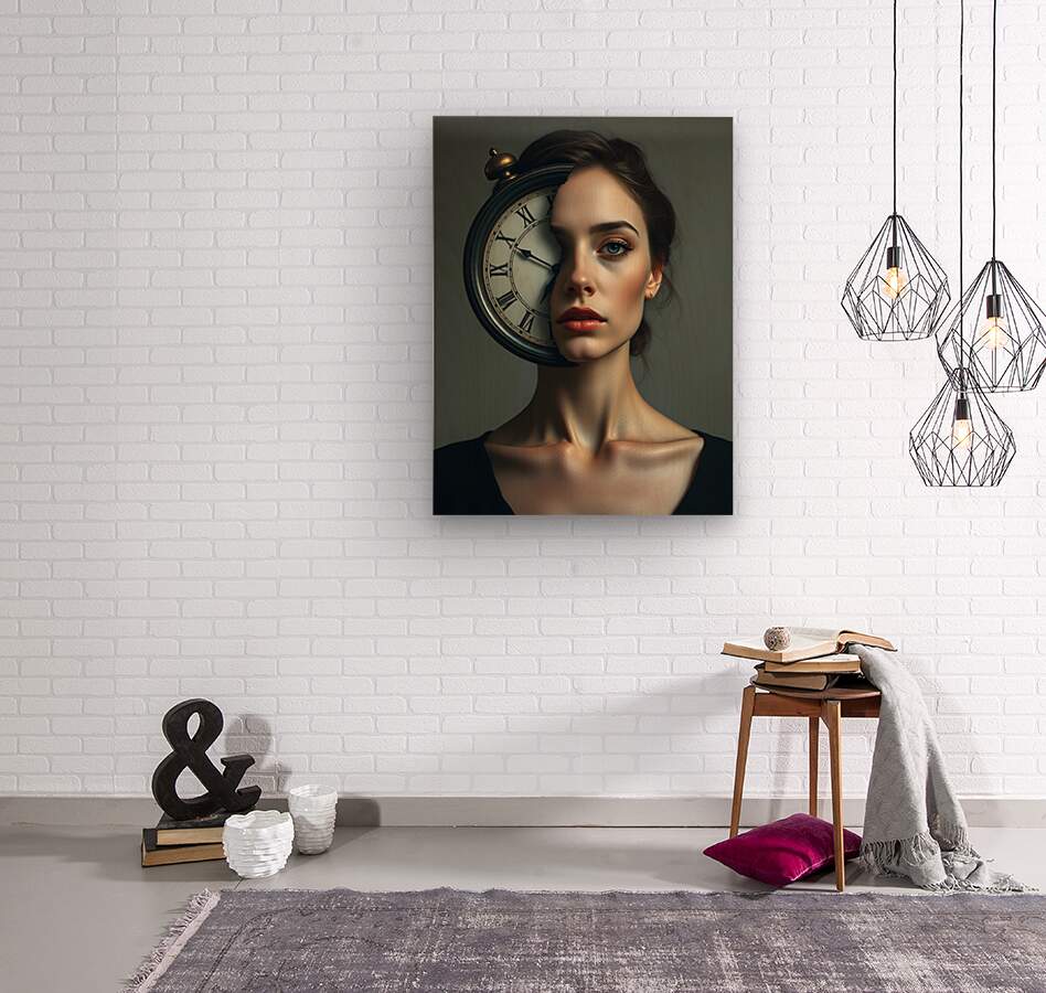 Wall-mounted portrait art print of woman with blue eyes and black clock