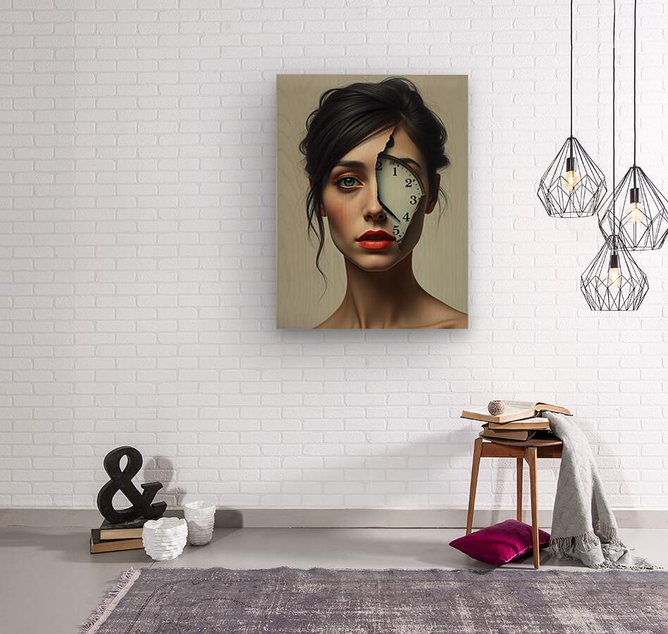 Contemporary portrait print of a woman with a clock face overlay on her head