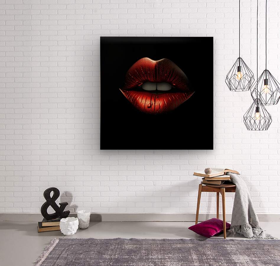 Ruby red metallic lips artwork on a black panel, framed and mounted on white wall