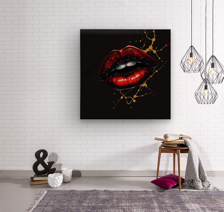 Red and black lips artwork with gold splatter on black, in a black square frame.