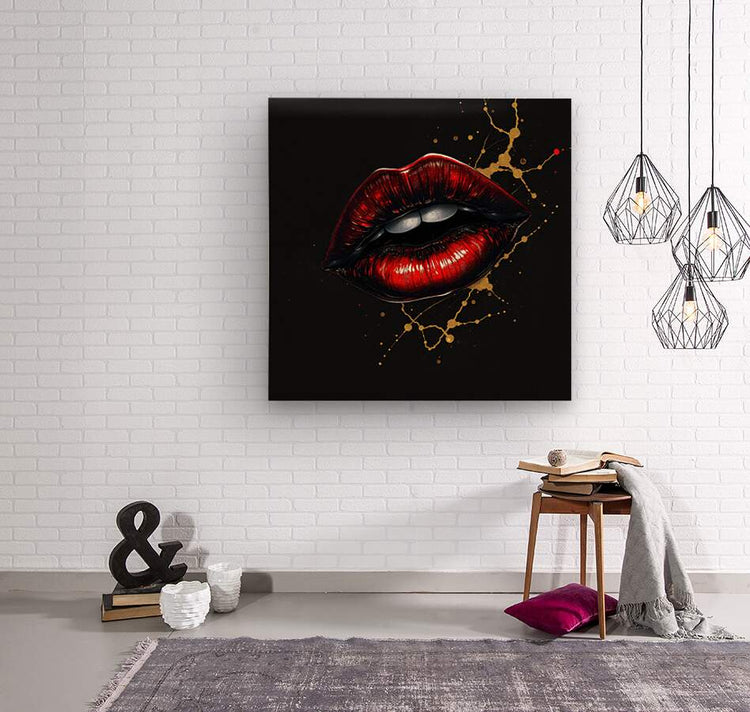Red and black lips artwork with gold splatter on black, in a black square frame.