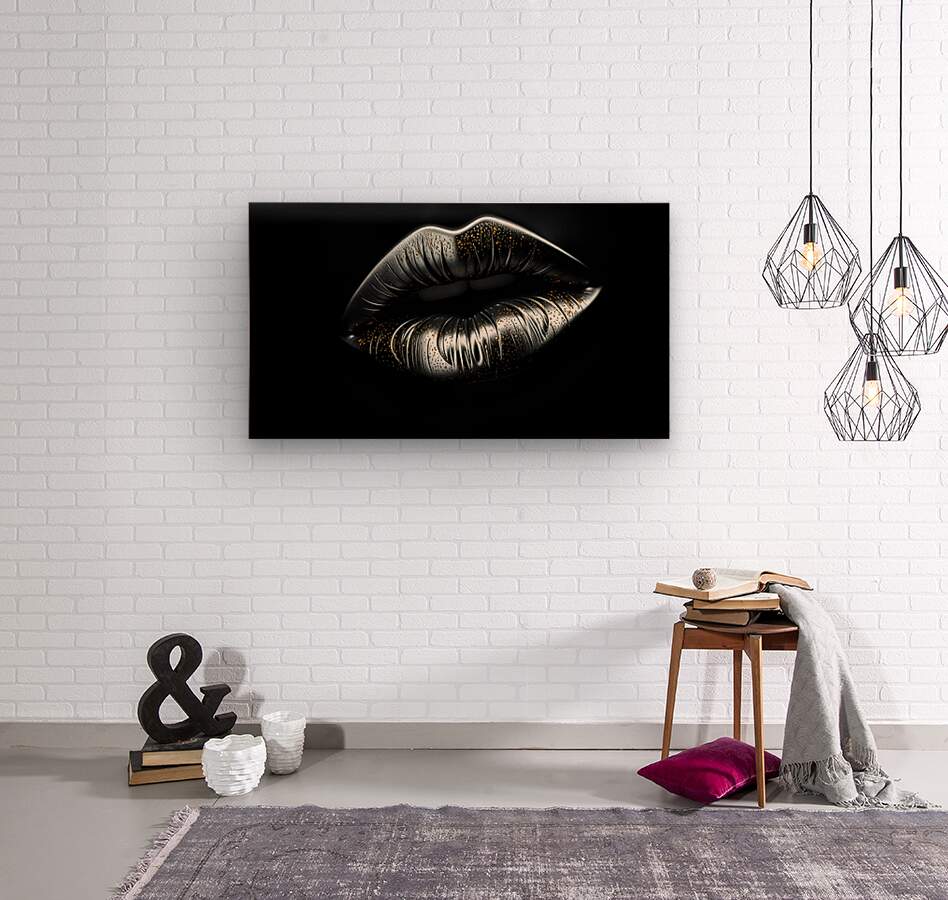 Landscape lips art with silver metallic mouth and gold speckles on black