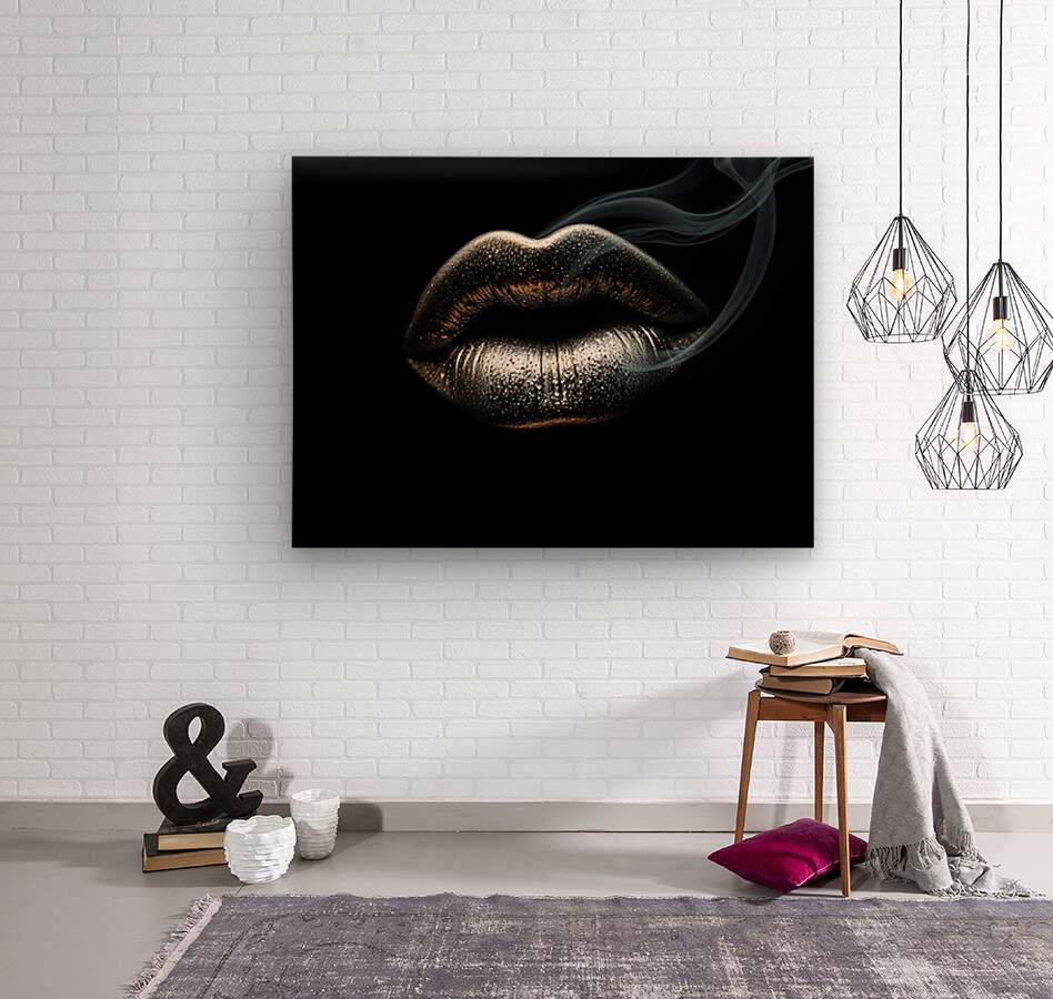 Metallic silver lips artwork on black with smoky accents
