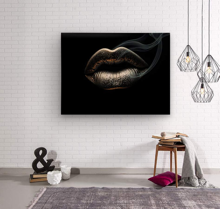 Metallic silver lips artwork on black with smoky accents
