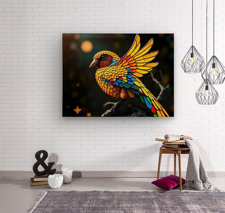 Stained-glass style bird wall art, colorful mosaic bird perched on black base