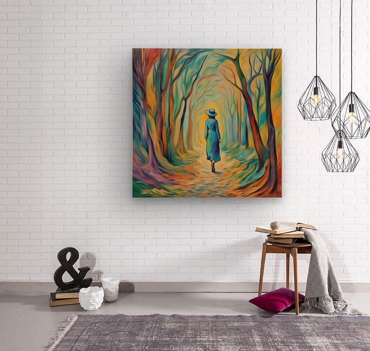 Framed forest landscape artwork with a woman in blue dress and hat walking along winding trees