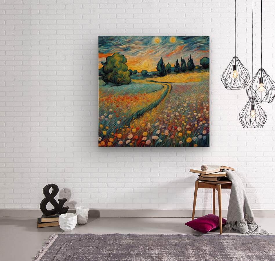 Landscape wall art with a curved dirt path through multicolor wildflowers and swirling clouds