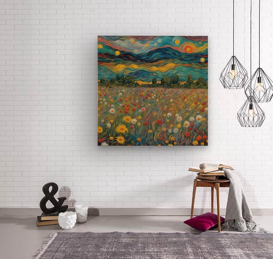 Landscape wall art canvas featuring swirled blue sky, green bushes, and blooming wildflowers