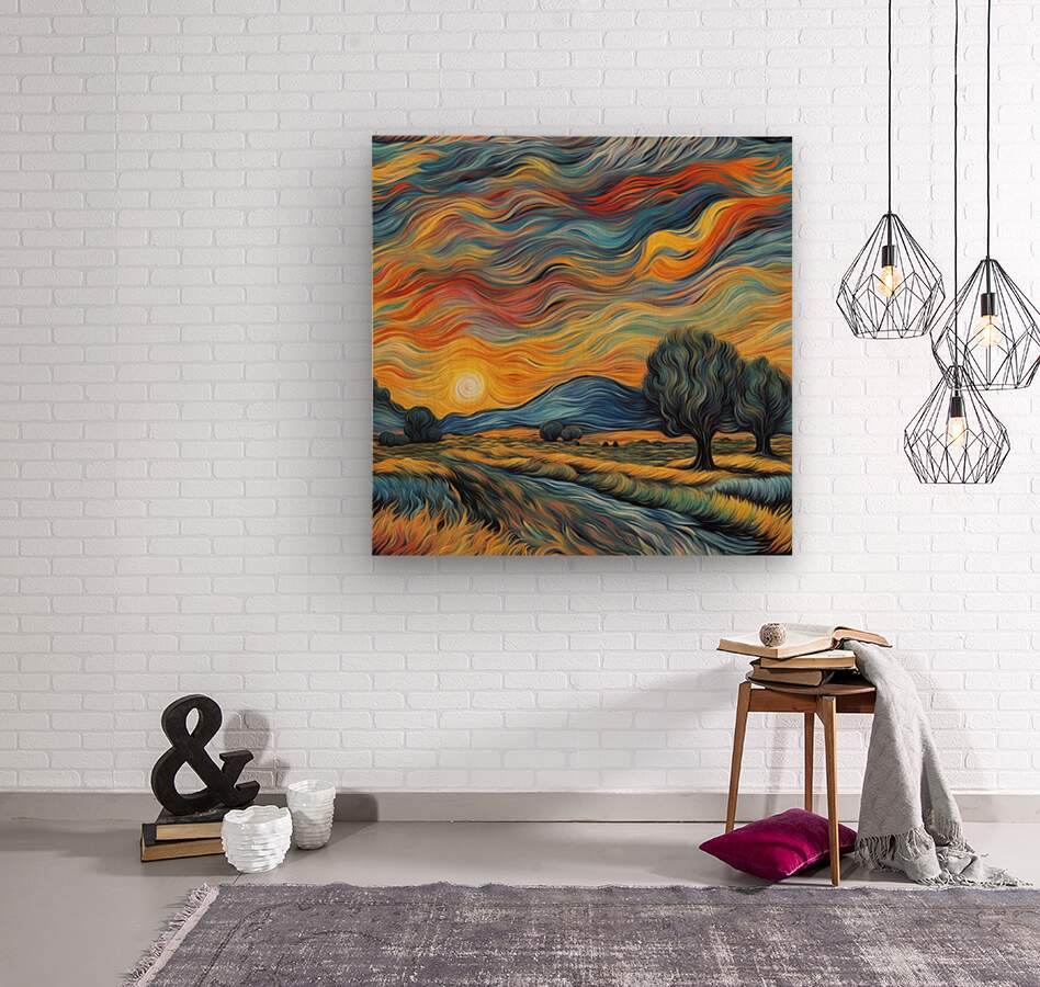 Landscape wall art print with vibrant swirling sky, sun, and trees