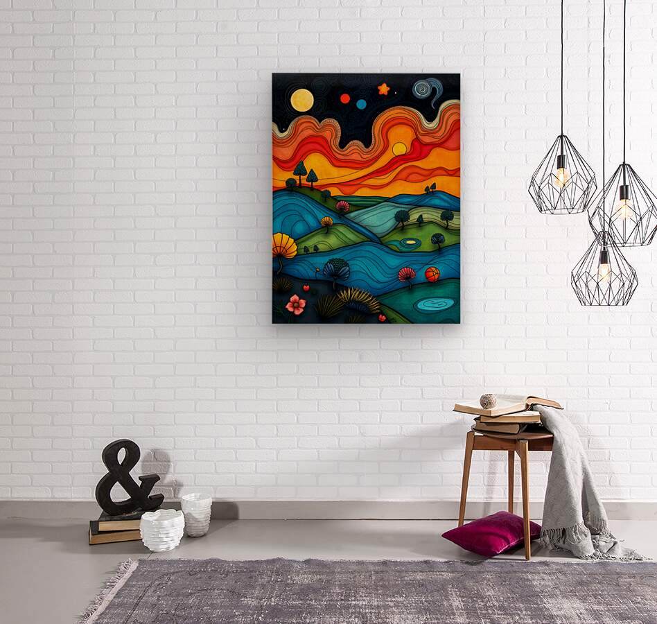 Framed abstract landscape wall art with moon, stars, and layered colorful hills and swirls.