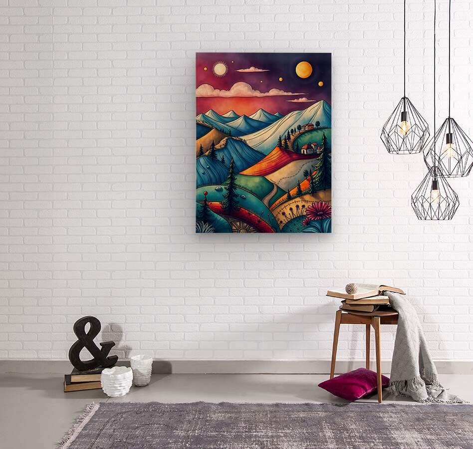Framed abstract landscape wall art with blue peaks, orange swirls, and a red-purple sky