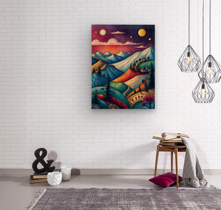 Framed abstract landscape wall art with blue peaks, orange swirls, and a red-purple sky