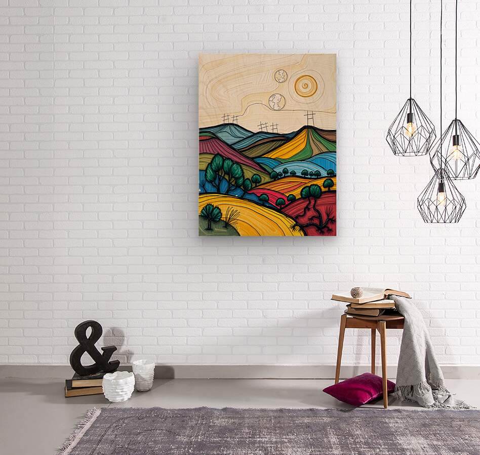 Hanging abstract landscape canvas with colorful layered hills, trees, and spiral planet motifs