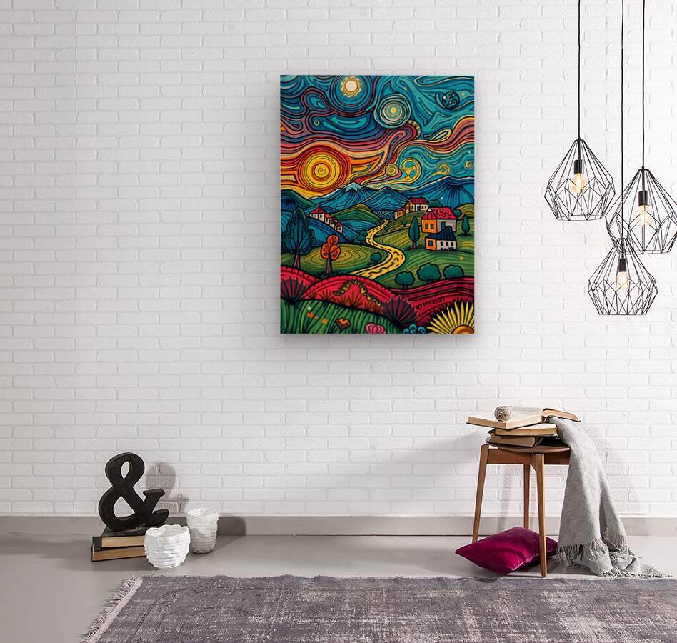 Abstract landscape wall art in a dark hanging frame, swirling sky and colorful village scene