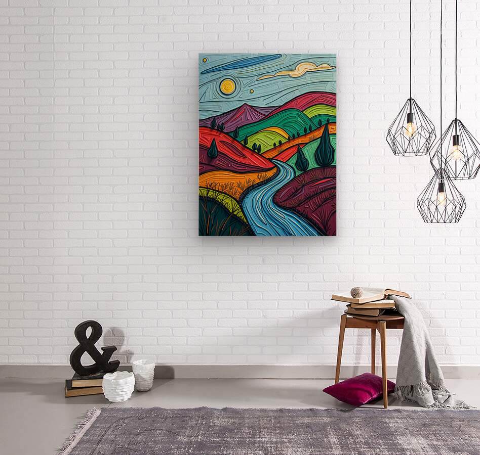 Vertical abstract landscape print with textured blue river and colorful mountain scene on wall.