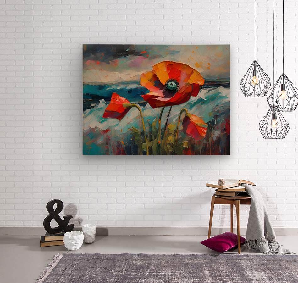 Canvas print of two orange-red poppies with teal centers and green stems over an abstract landscape
