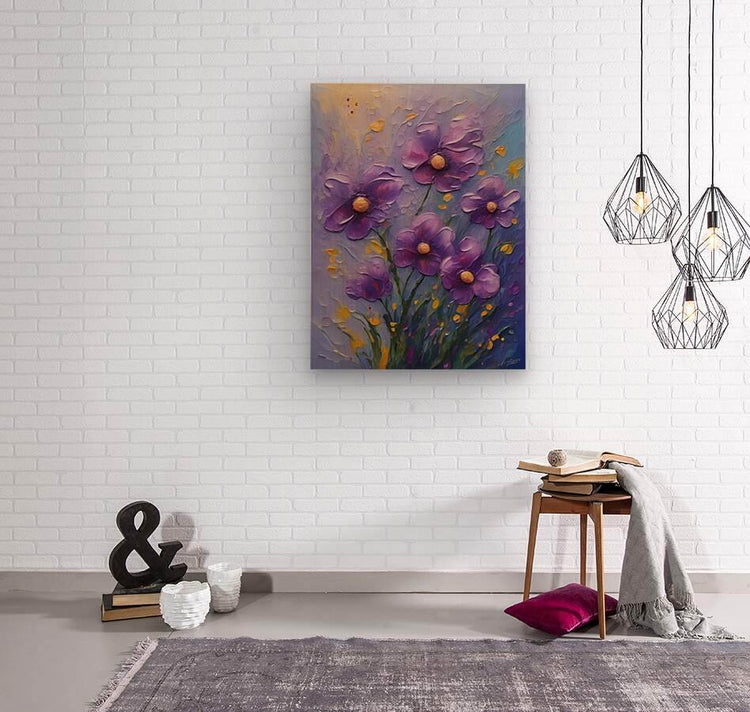 Purple and gold textured flower canvas on a wall, dimensional petals.