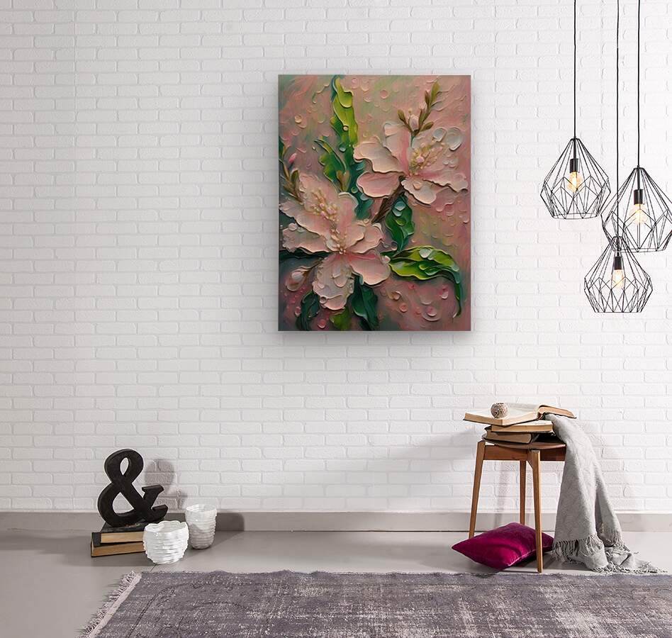 Square textured floral wall art centered on a wall: pink blossoms and green leaves