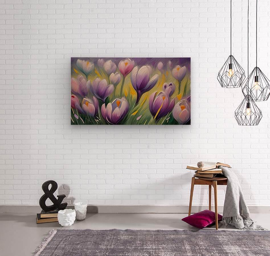 Dreamy tulip floral wall art print with purple and white flowers and yellow highlights