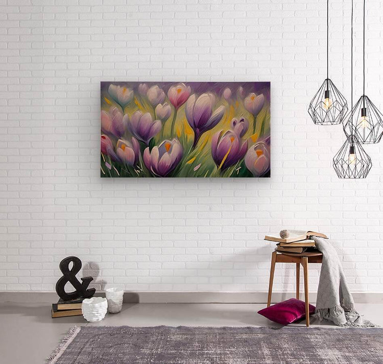 Dreamy tulip floral wall art print with purple and white flowers and yellow highlights