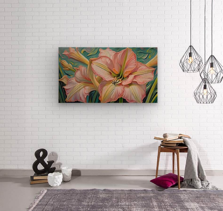 Horizontal floral wall art with pink lily blossom and teal leaves, yellow highlights