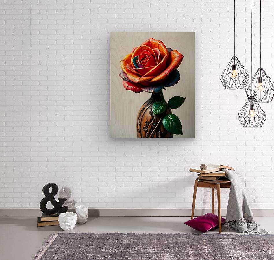 Framed rose wall art with a red-orange gradient bloom and green leaf details