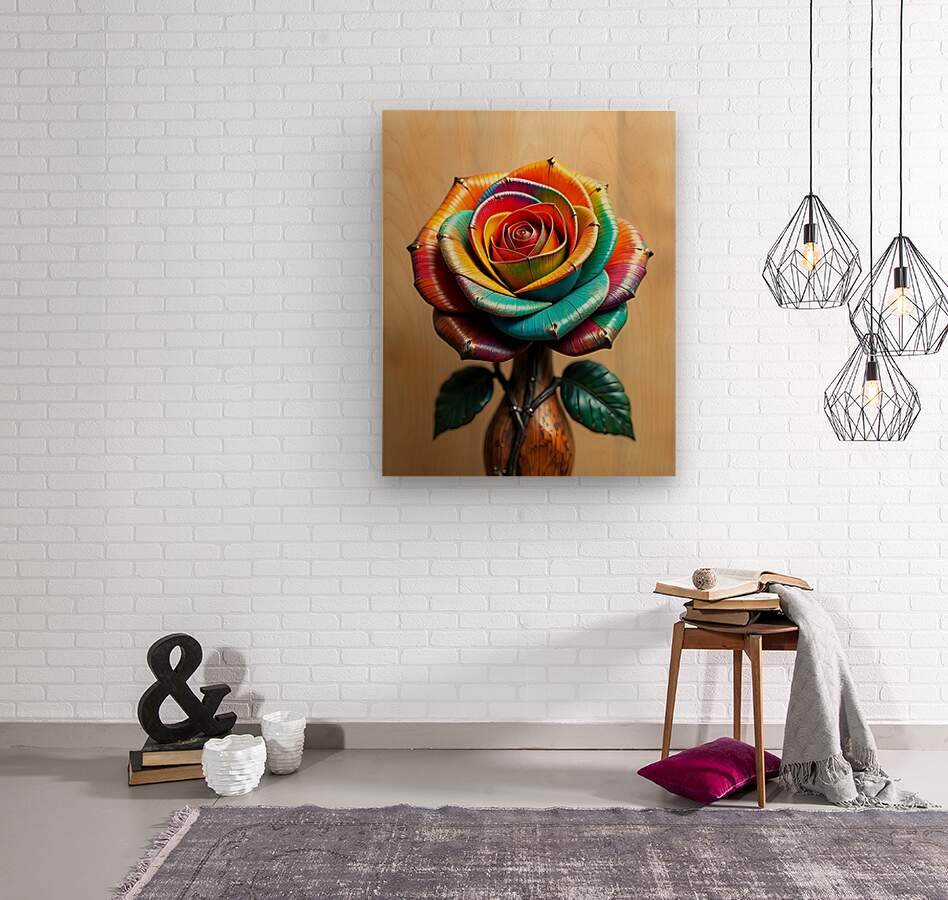 Metallic rainbow rose wall art centered on a wall, with layered petals and green leaves