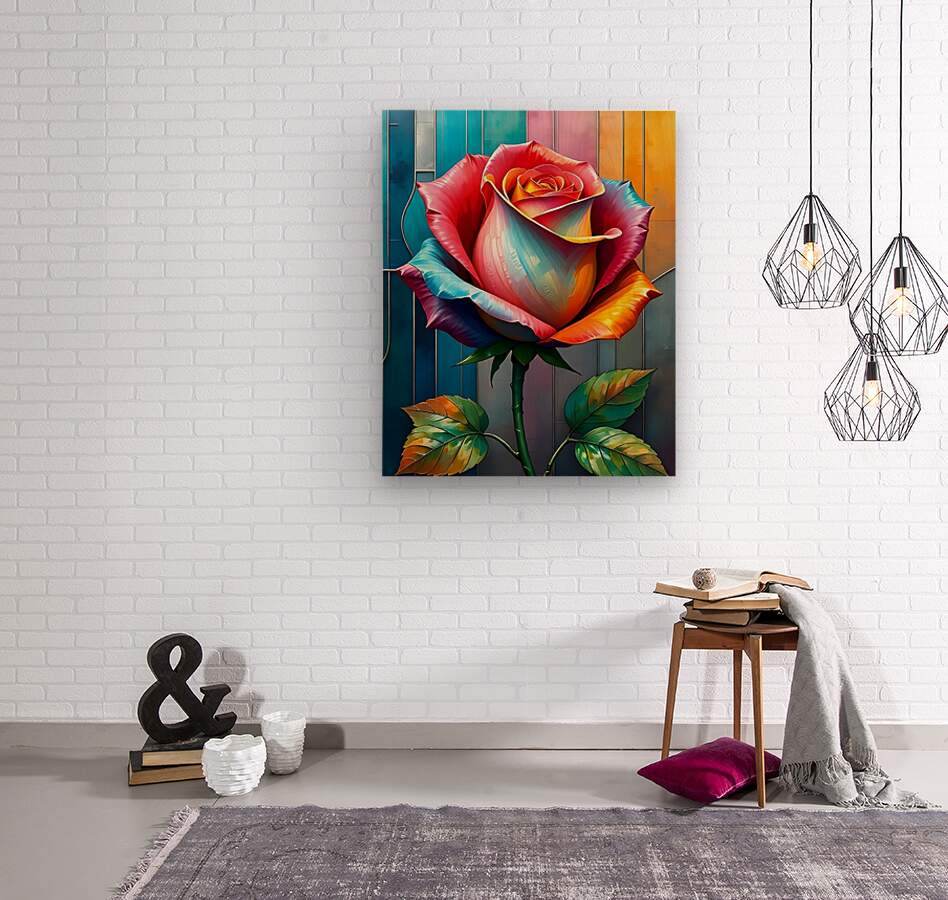 Colorful rose wall art with stained-glass style petals in red, blue, and orange, plus green leaves