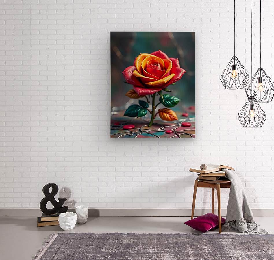 Rose wall art with glossy red-orange petals, green leaves, and colorful accent stones