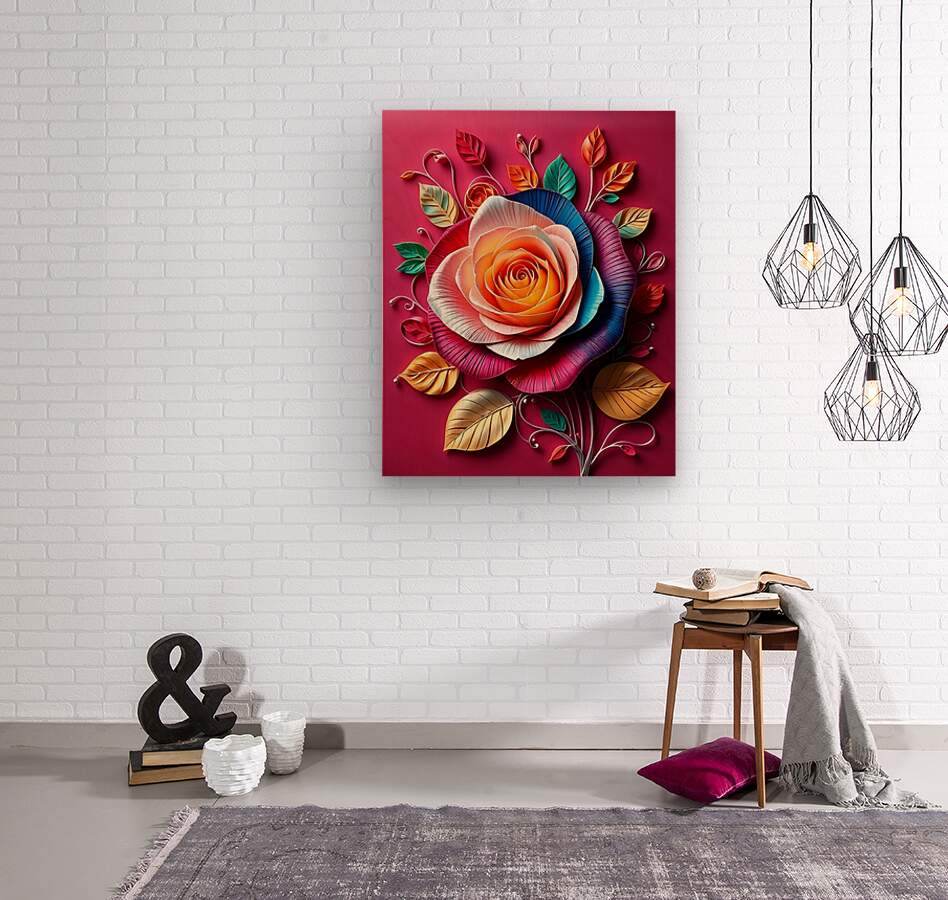 Square paper-quilled rose wall art with orange and blue petals and gold decorative leaves
