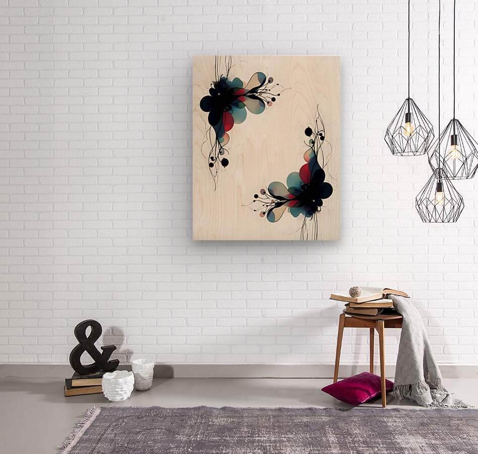 Abstract floral wall art with black blossoms, teal and red petals, and airy linework.
