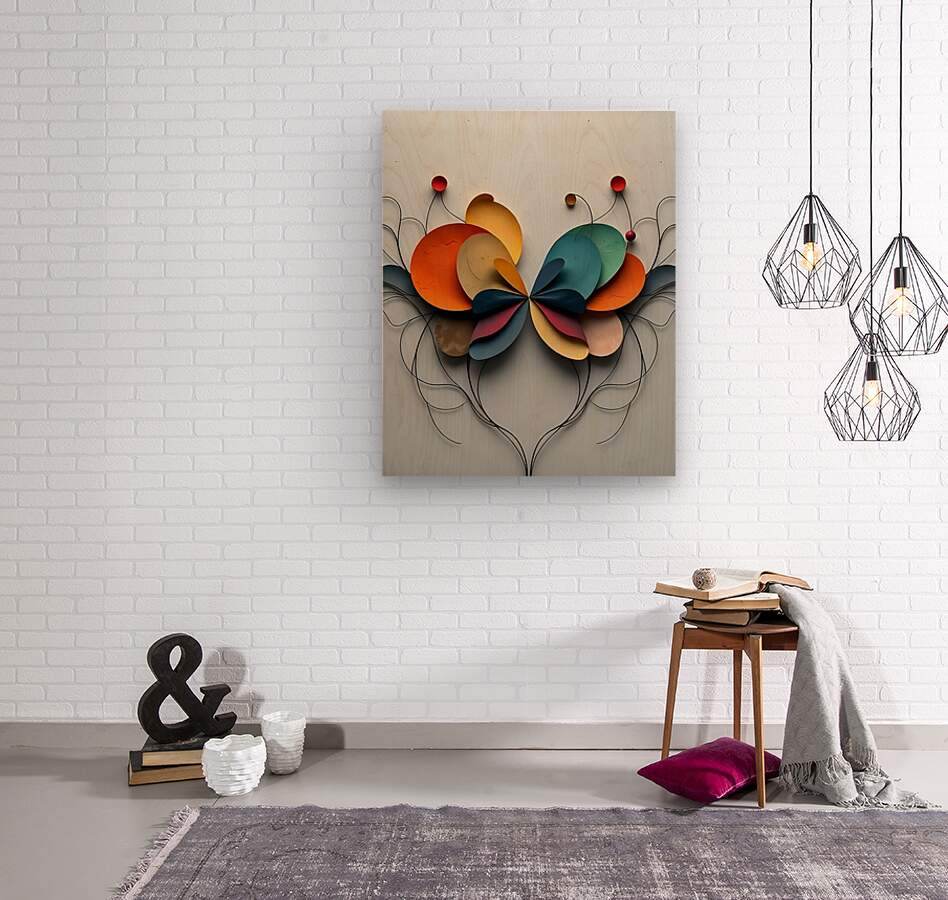 Abstract floral wall art with stacked multicolor petals and thin black wire vine stems