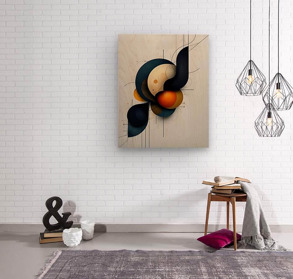 Abstract geometric wall art square print with dark navy curves, cream oval, and orange-red orb