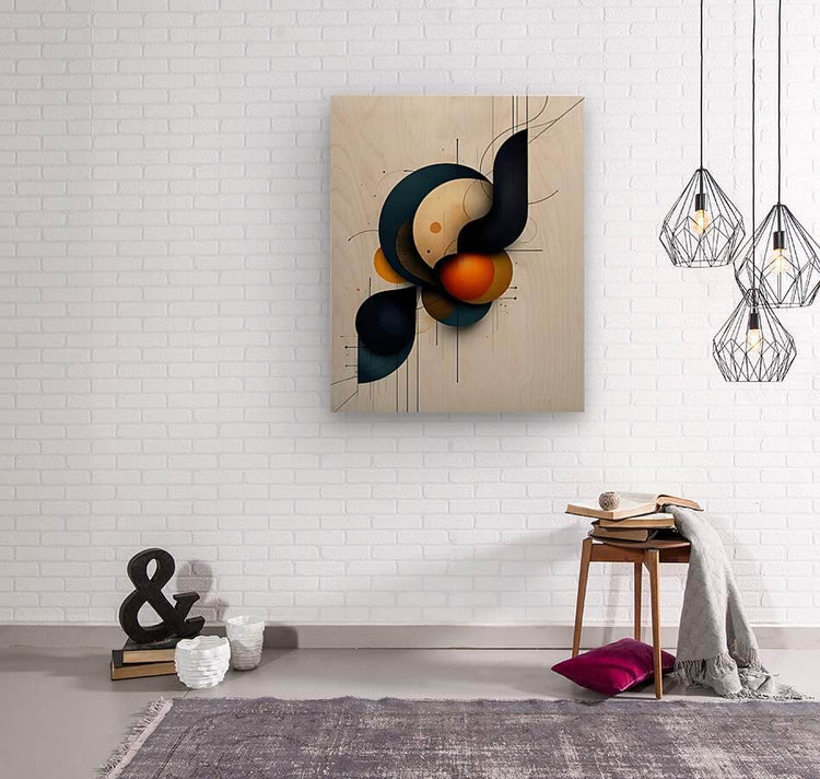 Abstract geometric wall art square print with dark navy curves, cream oval, and orange-red orb