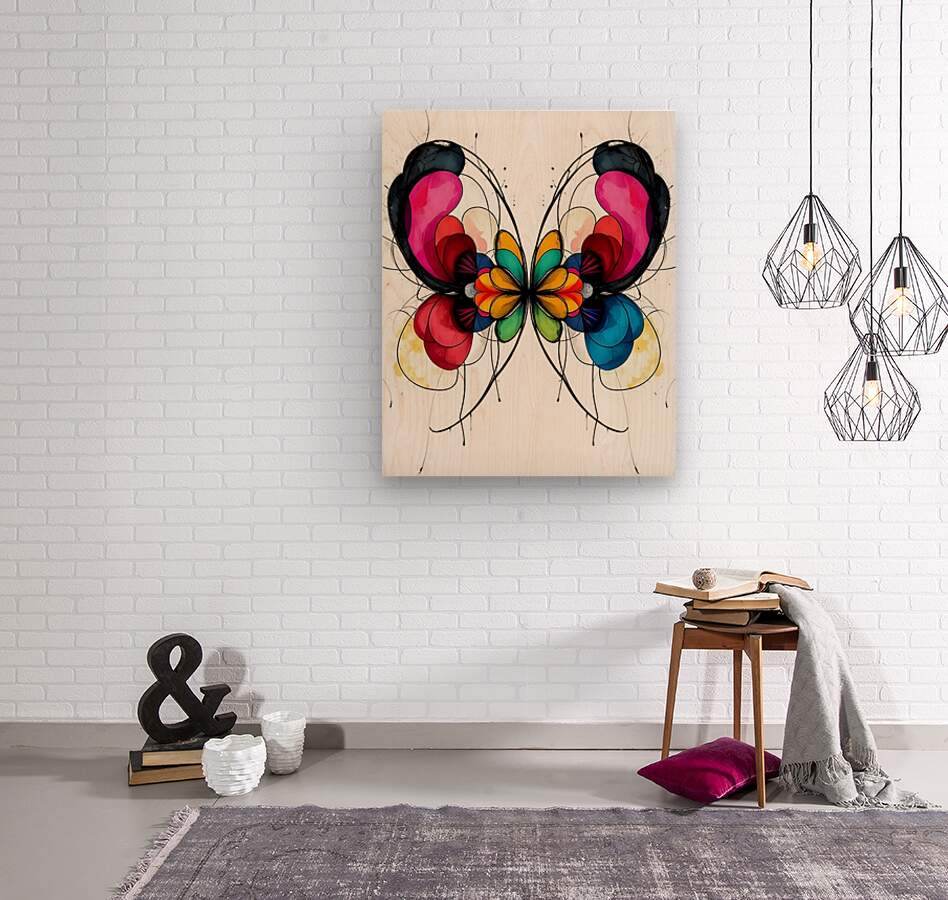 Abstract butterfly canvas print with vibrant pink, red, blue, and green accents on light background.