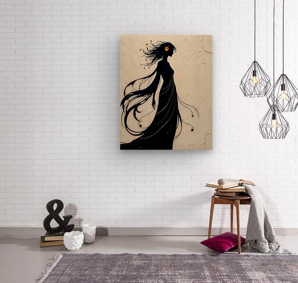 Silhouette woman wall art with black profile and flowing hair on beige textured panel