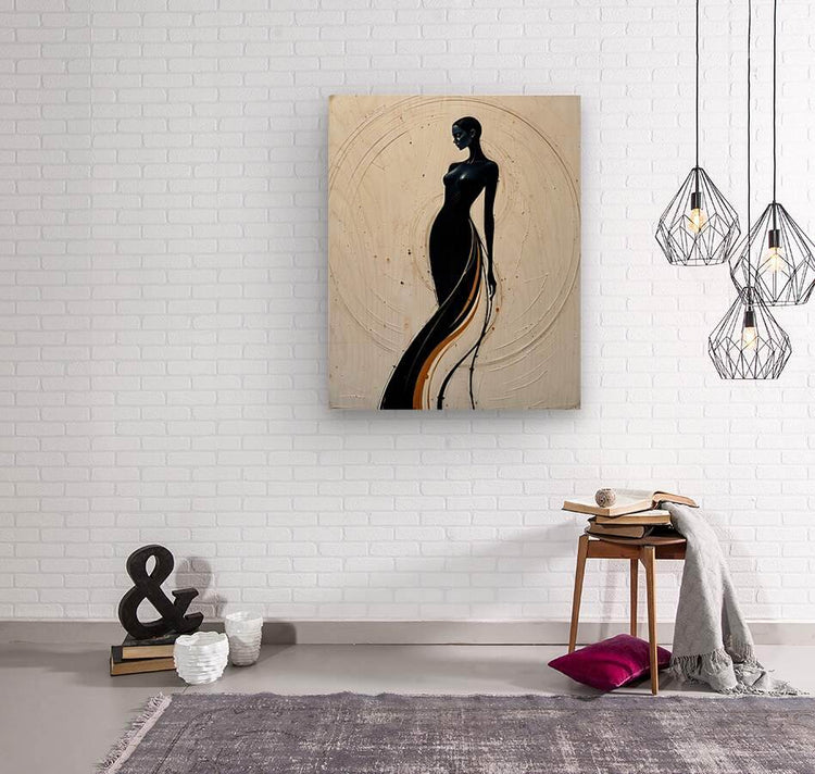 Sculptural figure wall art with a black woman silhouette profile and gold accent stripe.