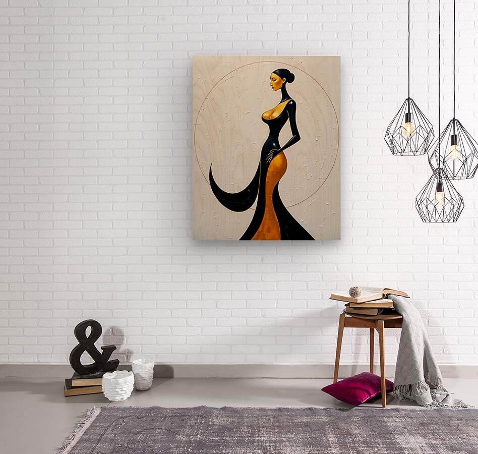 Rectangular canvas wall art featuring a stylized woman in black and gold, facing left