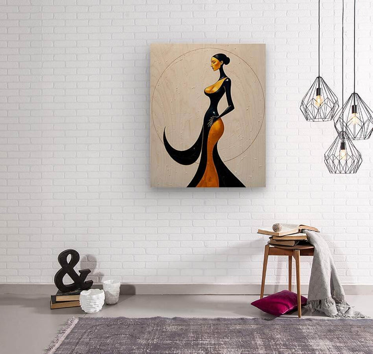 Rectangular canvas wall art featuring a stylized woman in black and gold, facing left