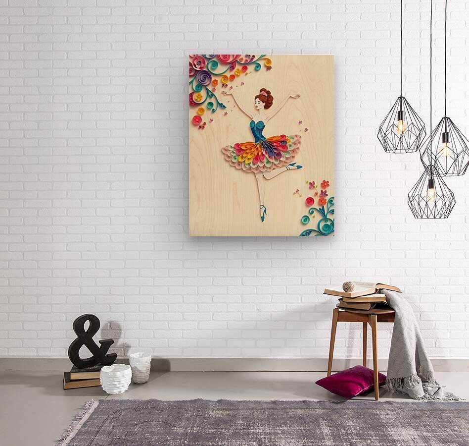 Quilled paper ballerina wall art on beige wood panel, blue tutu and colorful flowers