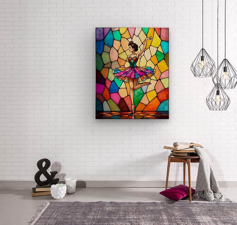 Framed canvas wall art of a ballerina with a colorful stained-glass dress.