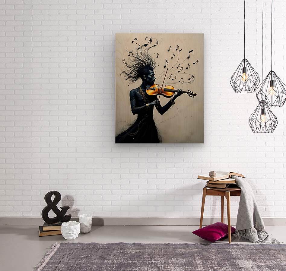 Canvas violinist woman wall art with black dress, orange violin, and floating music notes