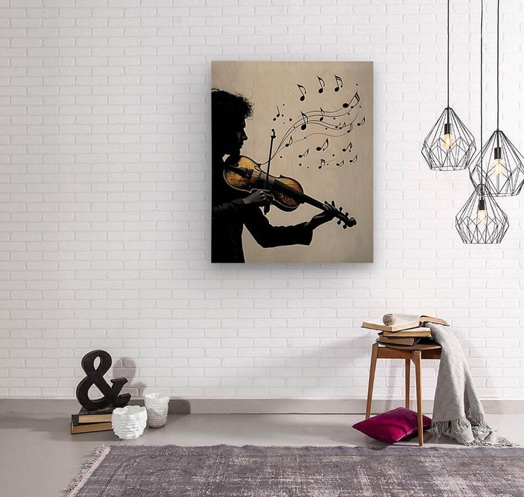 Silhouette violinist wall art with musical notes on canvas